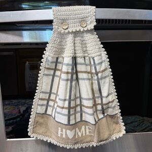 Plaid Hanging Kitchen Towel with Buttons with Crochet Top